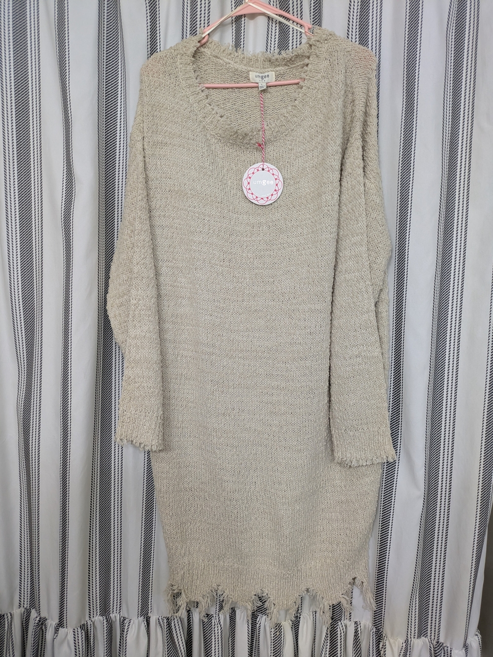 Umgee Neutral Fringe-Hem Crewneck Sweater Dress